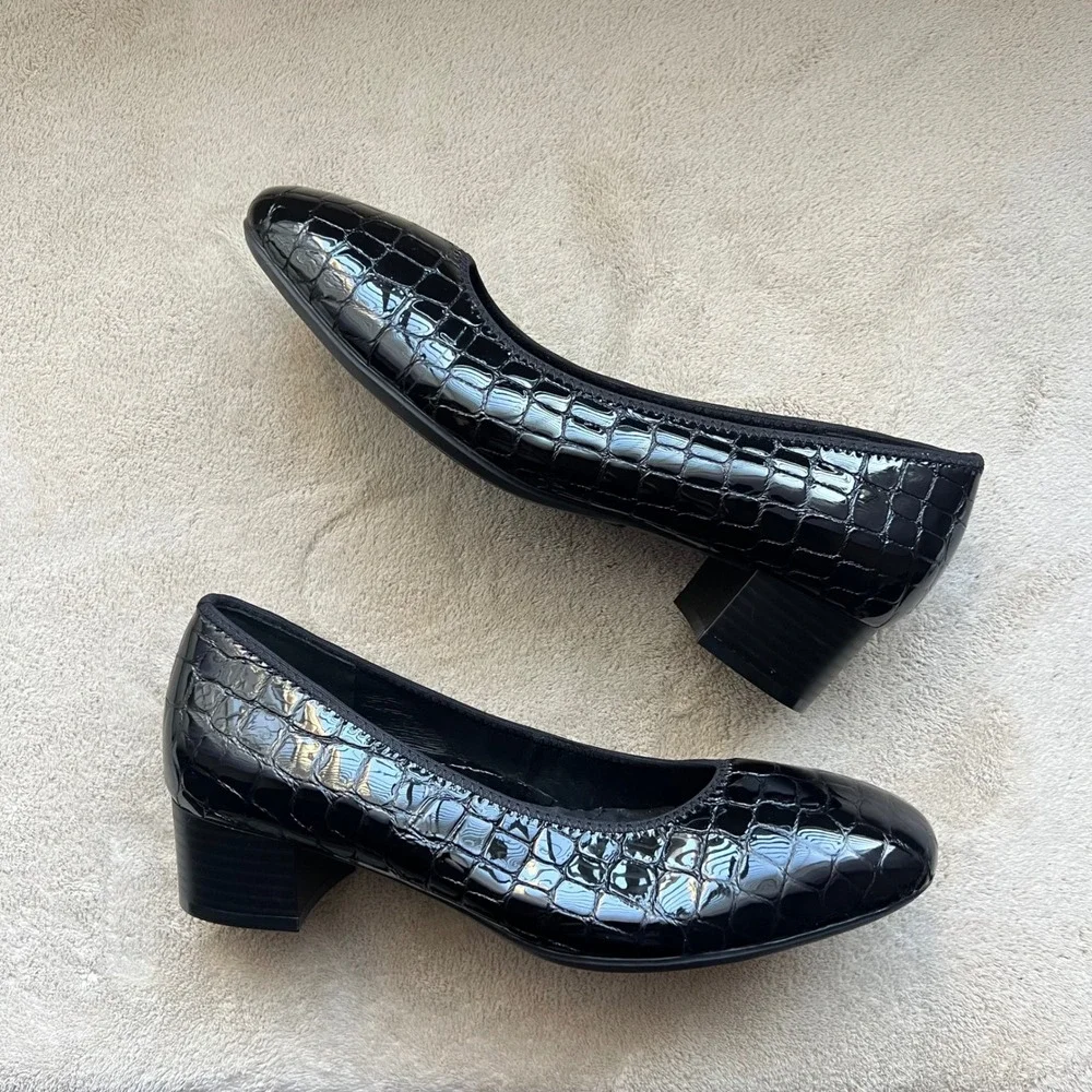 Rieker Antistress Women 7-7.5 EU 38 Black Croc Patent Leather Block Heel Pumps